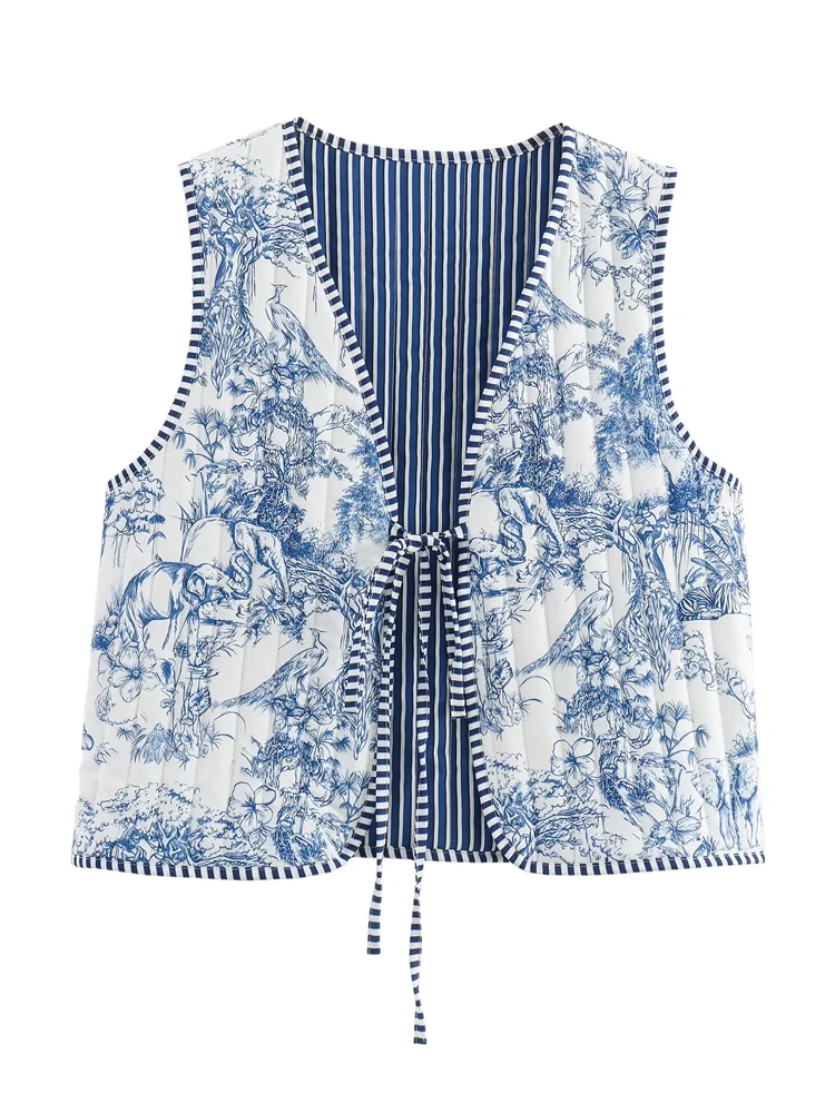 KAOPU ZA Women with ties printed padded cotton open waistcoat vintage v neck sleeveless female outerwear chic vest tops