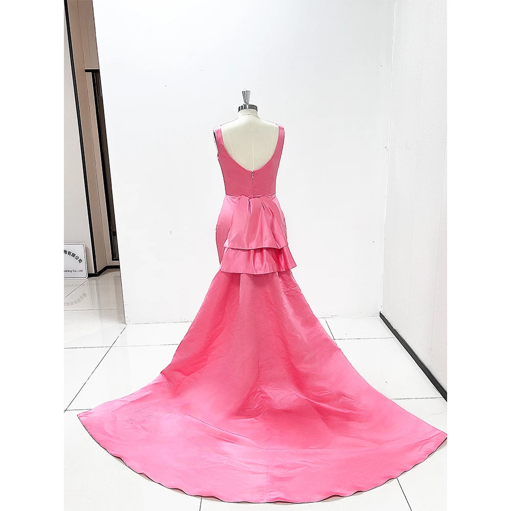 Elegant Women Pink Satin Evening Dresses O-Neck Chapel Train Backless Bow Ankle Length Mermaid Formal Occasion Luxury Dress