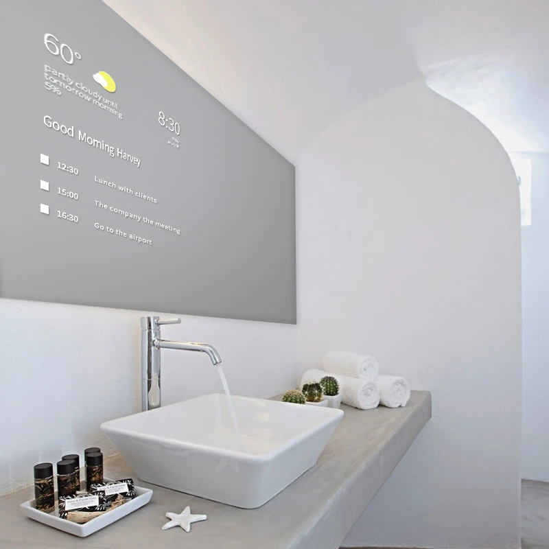 2-way Glass 3D Advertising Android Bathroom Waterproof TV Wall Mounted Magic Mirror Smart Bathroom Display Anti-fog HD Screen