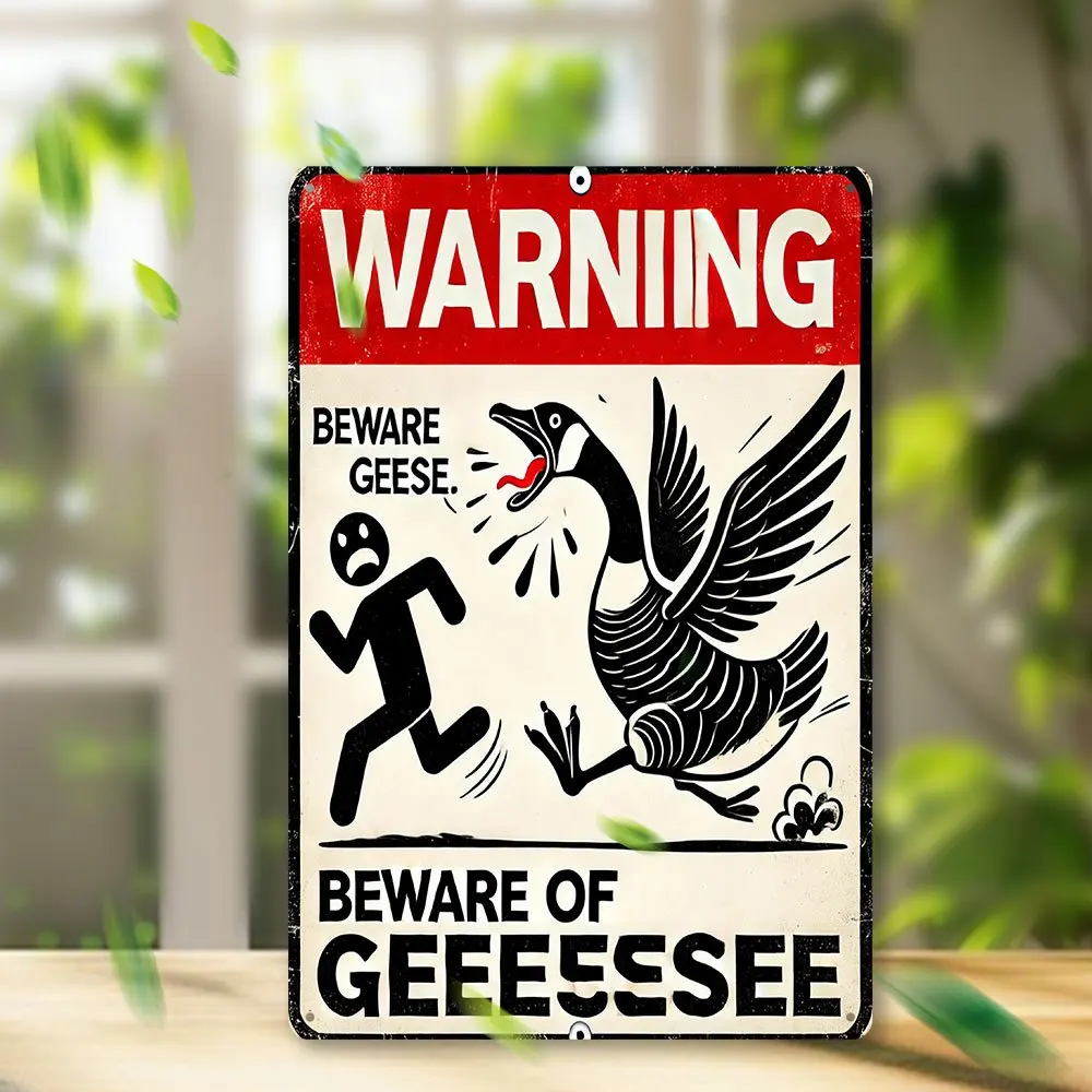 Vintage Warning Goose Metal Sign - Funny Beware Geese Wall Decor for Farm & Yard