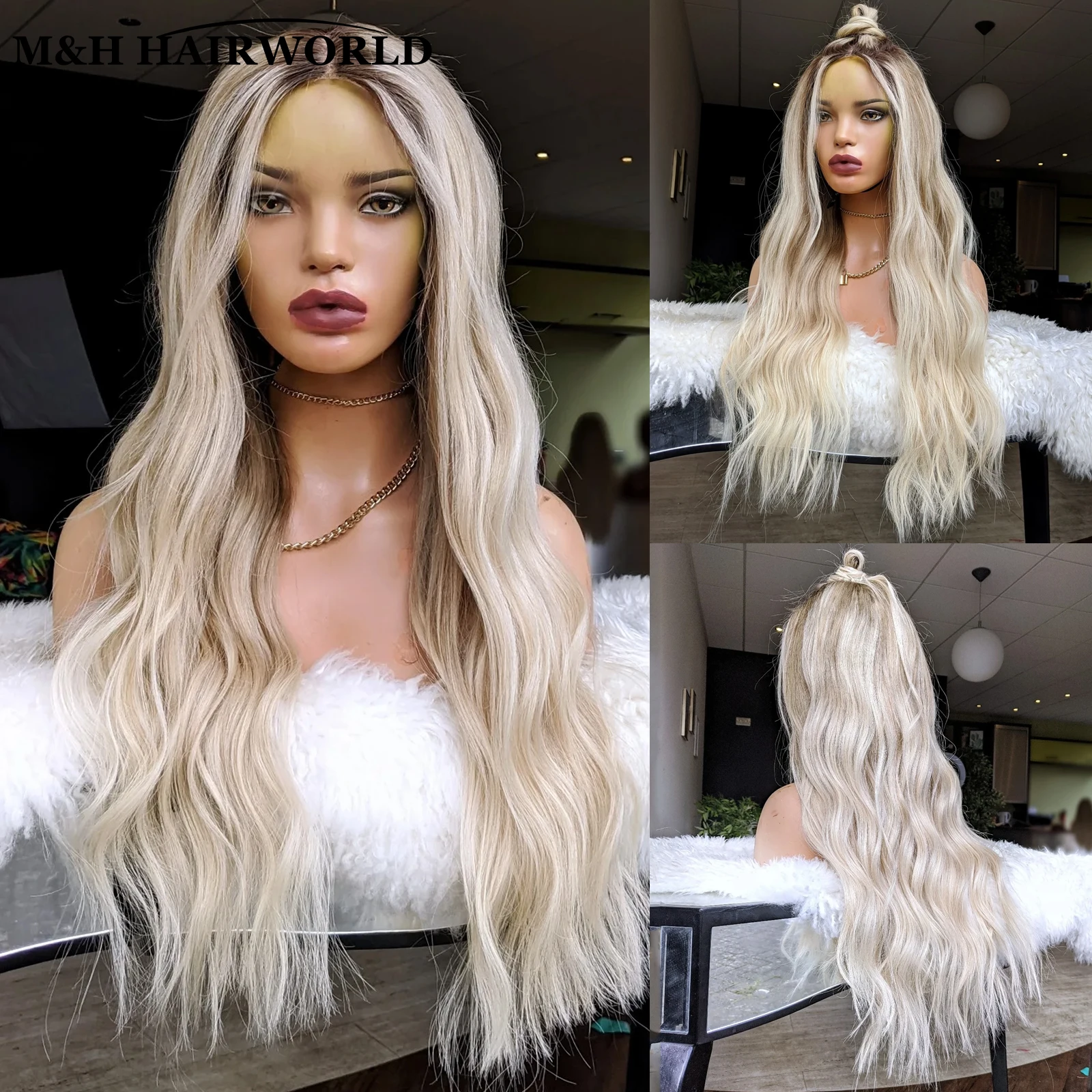 Light Ash Blonde Highlight Color Lace Front Wigs Slight Wavy Long Synthetic Hair Wig Glueless Frontal Lace Wigs For Women Daily