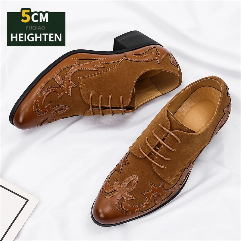 Men's 5cm High Heel Dress Shoes Fashion Embroidery Oxfords for Party Wedding Elevator Business Casual Shoes for Dancing Prom