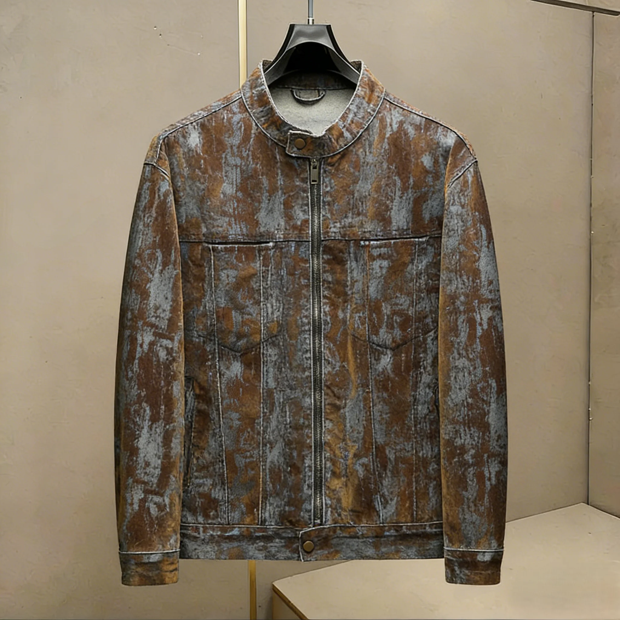 

Мужская джинсовая куртка Waed Slim Fit с воротником-стойкой, в байкерском стиле, американский уличный стиль, весна-осень, хлопок, приталенный крой