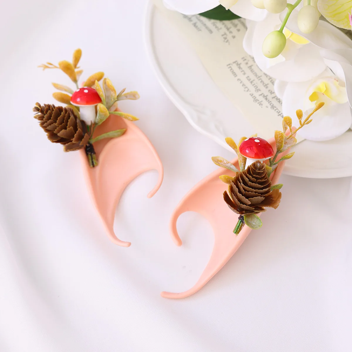 1 Pair of Fairy Elf Fake Ears with Maple Leaf Pinecone Mushroom Design for Christmas Thanksgiving Party Costume Accessories