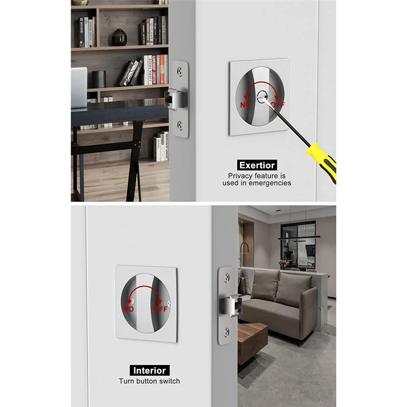 Fechadura de porta de bolso para cama/banho, níquel acetinado, privacidade contemporânea, hardware de porta de bolso quadrado, trava de porta de bolso deslizante