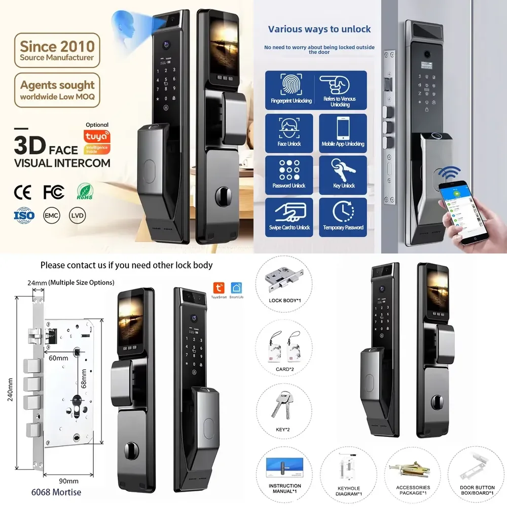2025 New 3D Face Recognition Smart Door Lock With Fingerprint Waterproof Wifi Aluminum Alloy Wood Door Digital
