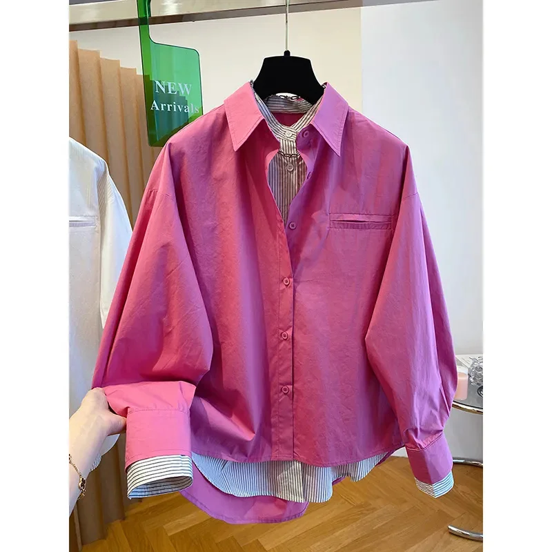 

2025 Korean Autumn New Long Sleeved FakeTtwo Pieces Female Shirts Blouse Women Loose Casual Fashion All-Match Tops Shirt Ladies