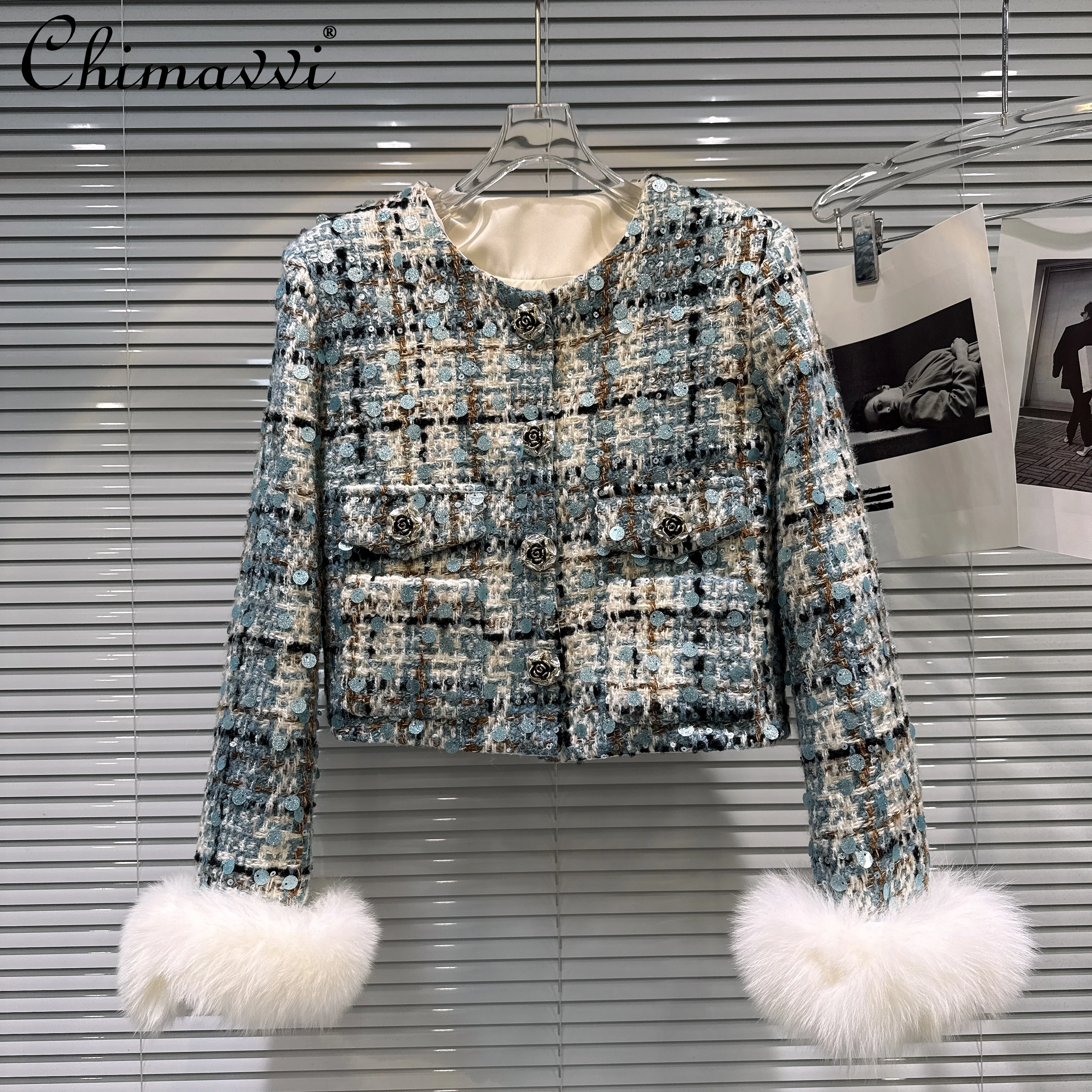 

Fashion High-End Socialite Plaid Tweed Down Coats Fur Long Sleeve Single-Breasted Slim Fit Versatile Short Jackets Women Winter