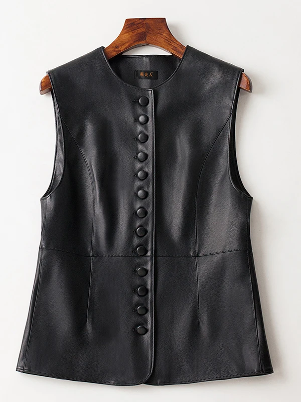 

Sli ort Leather Vest Women's Svel Jaet Autumn Winter New Faion eepskin Vest Coat Commute Sle round Ne