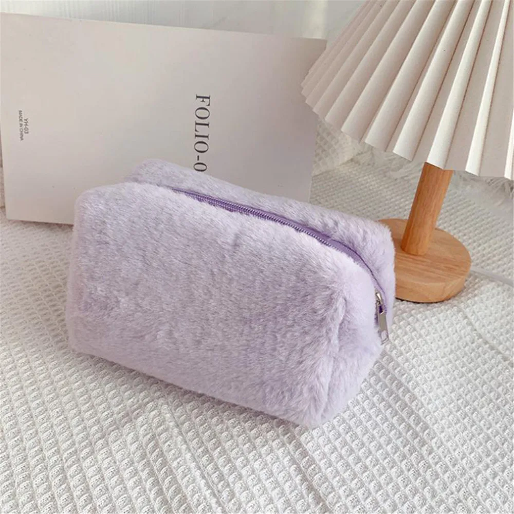 Multifunction 1 Pc Solid Color Fur Makeup Bag For Women Soft Travel Cosmetic Bag Organizer Pen Case Ladies  Make Up Necessaries