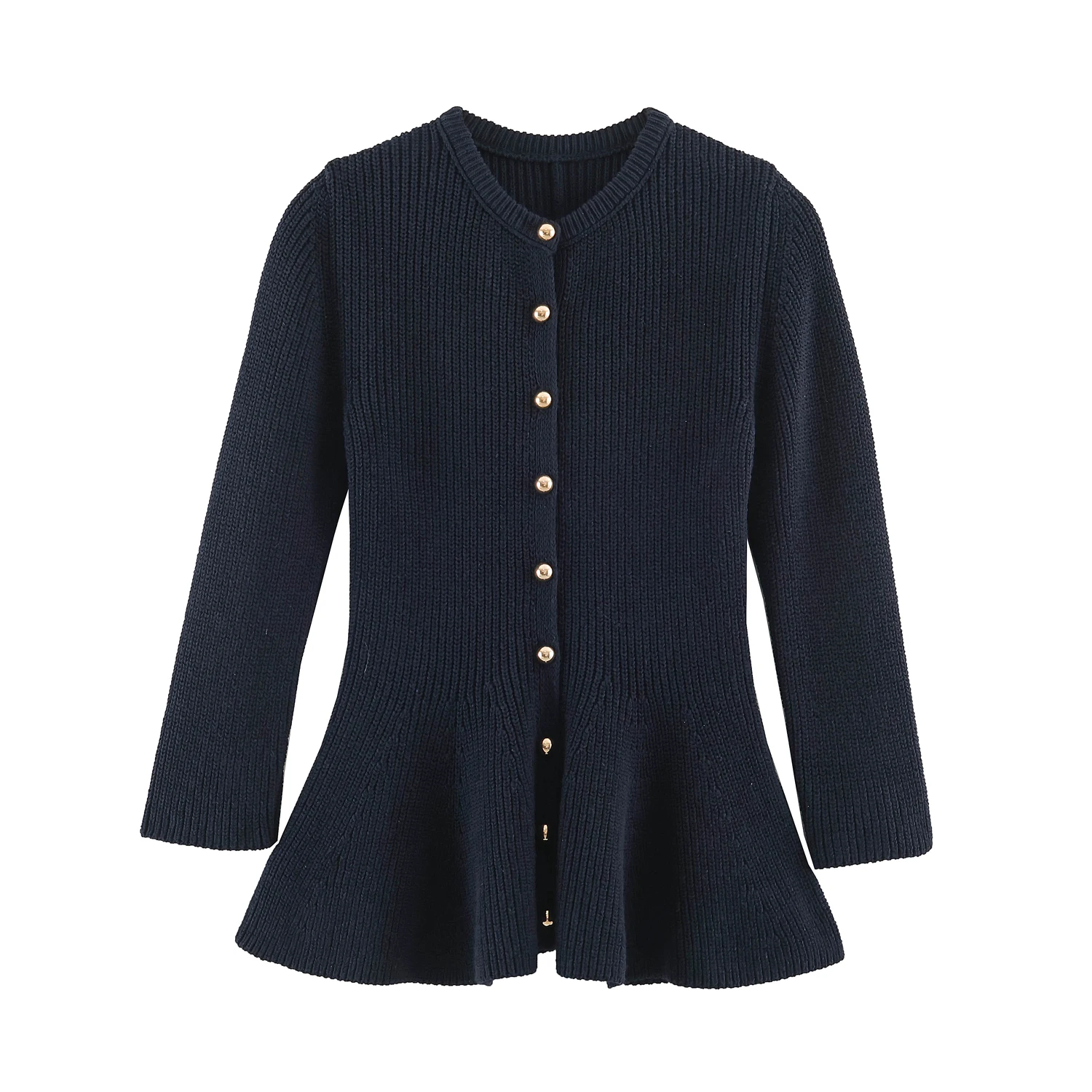 Guobioziy Women's Elegant Knit Ruffle Jacket Autumn Round Neck Top Three-Quarter Sleeve Fashion Cardigan with Gold Button Jacket