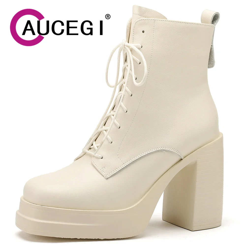 

Aucegi 2024 Autumn Winter New FashionRound Toe Ankle Boots Designer Platform Thick High Heels Cross Tied Zipper Handmade Shoes