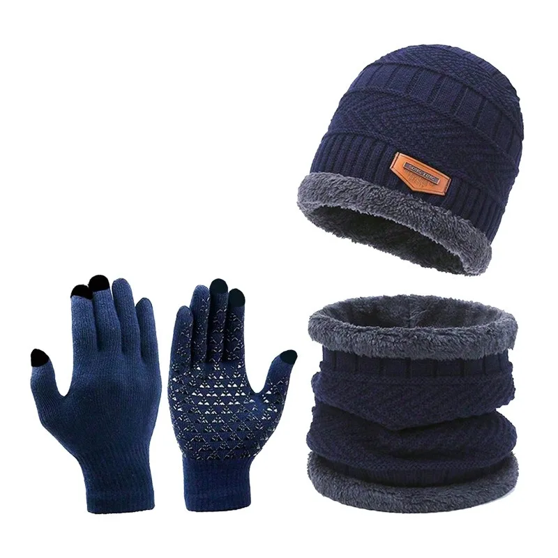 Thickened knitted hat touch screen wool gloves non-slip winter scarf hat fleece three-piece set to keep warm
