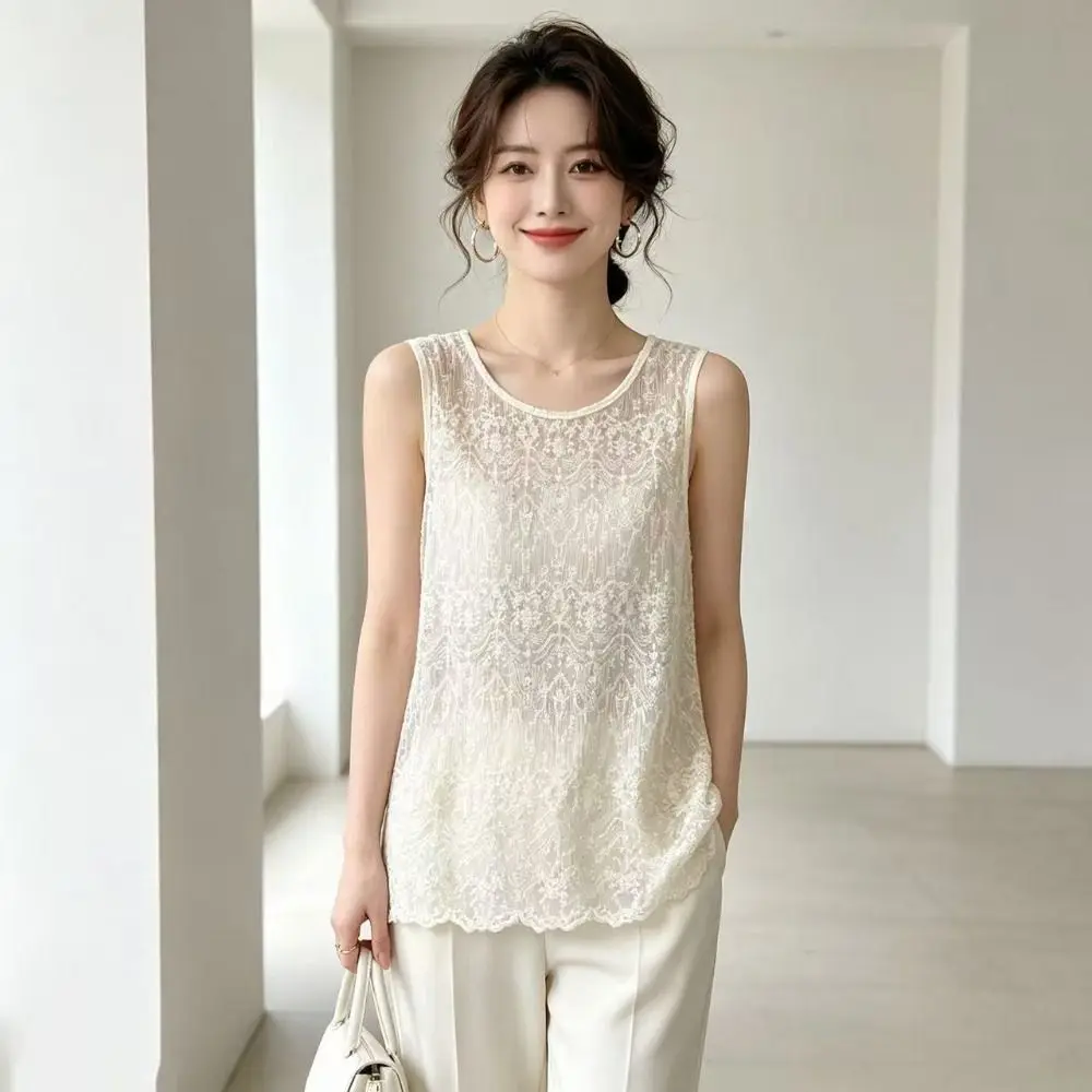 Stylish Crochet Lace Lace Tank Top Loose Fit U Neck Lace Cover Up Semi Sheer Floral Tank Top