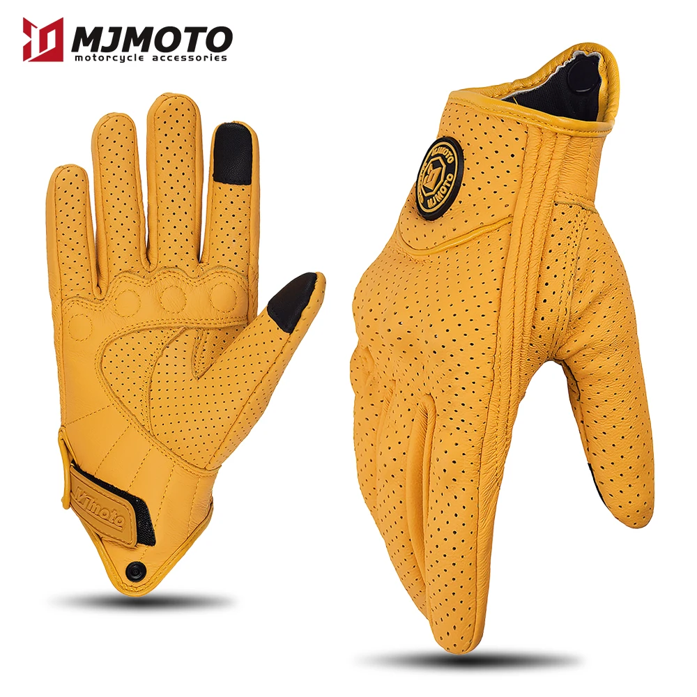 

Retro Yellow Leather Motorcycle Gloves Men Women Breathable Perforated Motorbike Racing Gloves Touch Screen Motocross Moto Glove