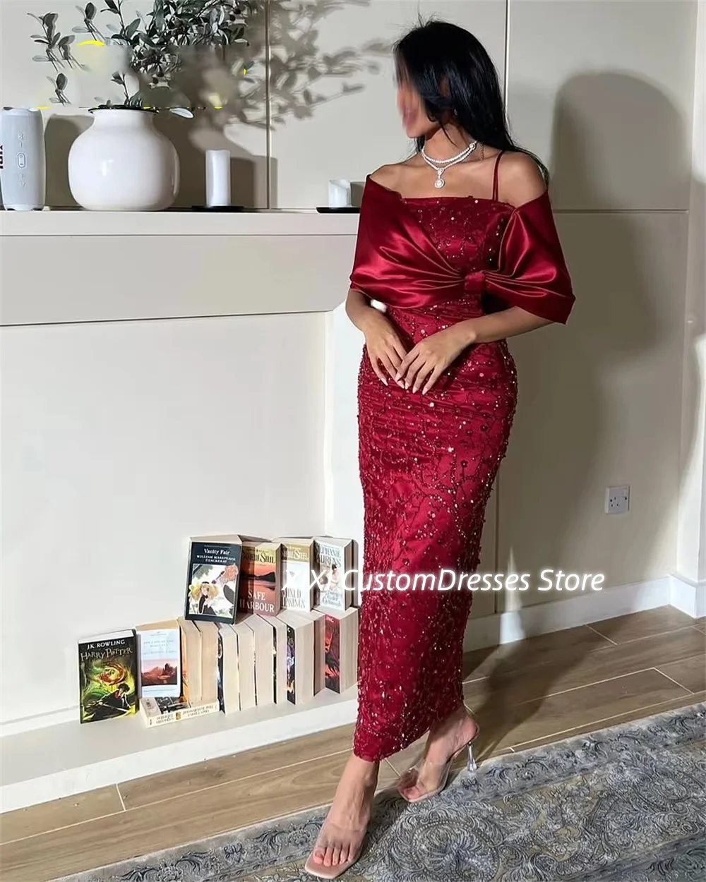 تخصيص فساتين Fساتين سهلة الاستخدام بدون حمالات باللون الأحمر بطول الأرض للحفلات الراقصة وأشرطة كاب مكشكشة وسحاب حتى الفساتين للمناسبات الخاصة #6