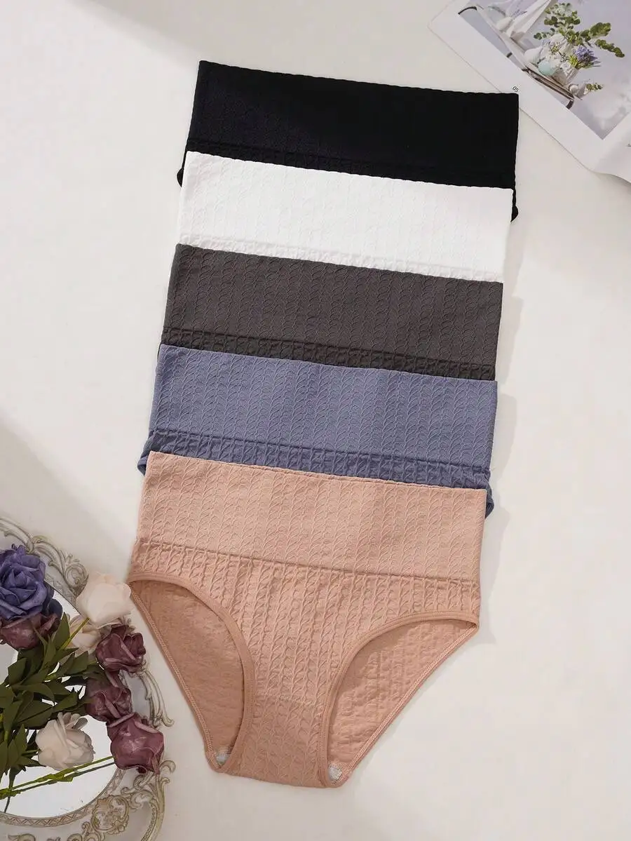 

5pcs Women Wheat Pattern Jacquard High-Rise Briefs Underwear Set