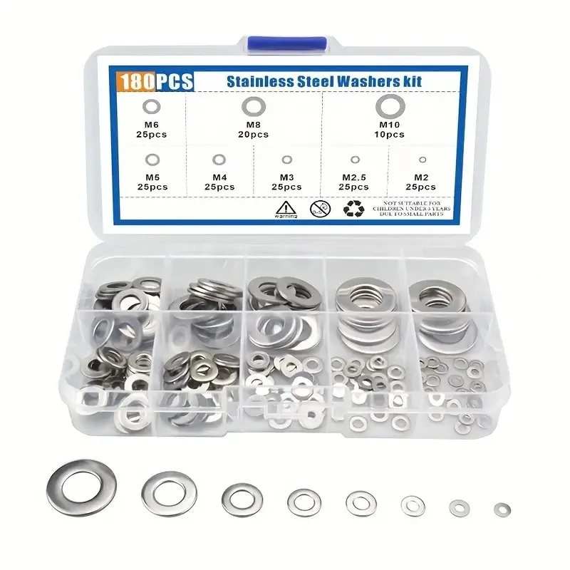 

180/360/580Pcs 304#Stainless Steel Flat Washer Combination M2-M12 Multi Specification Size Kit