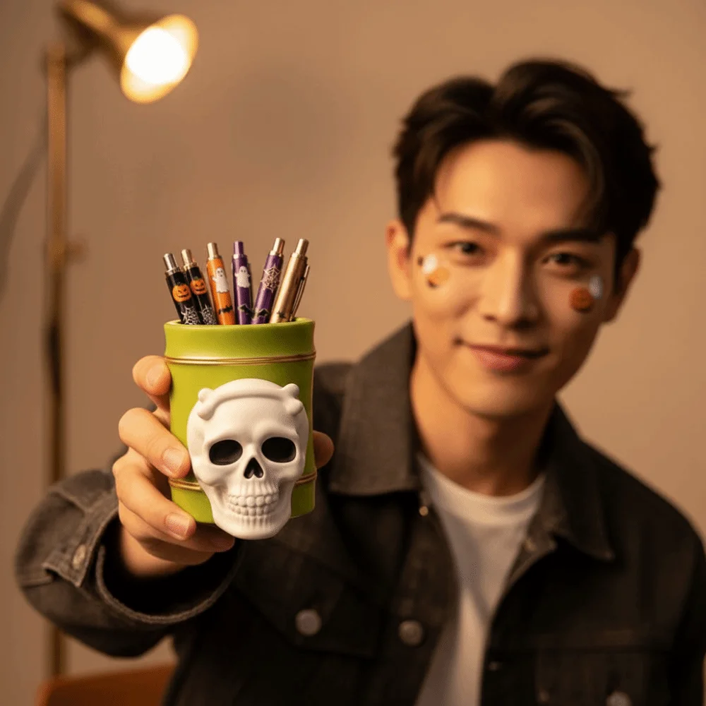 Creative Halloween Pen Holder Vivid 3D Waterproof Ghost Pencil Cup Green Barrel Sturdy Base Vinyl Stationery Pot Office Workers