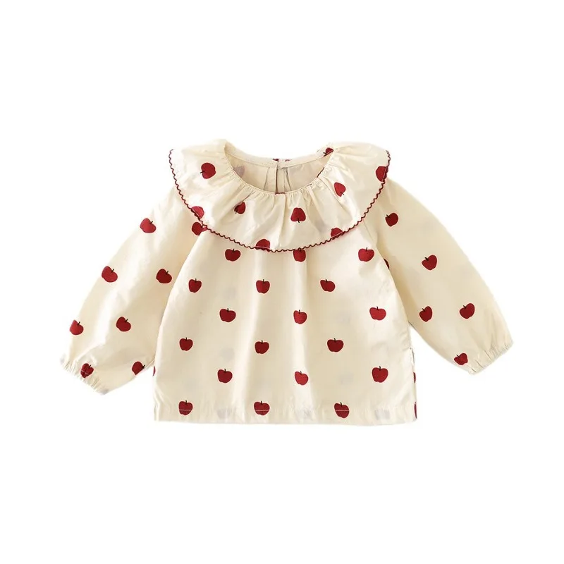2025 New Autumn Baby Girls Cartoon Apple Large Lapel Shirts Long Sleeve Baby Doll Blouse For Infants And Toddlers Clothes