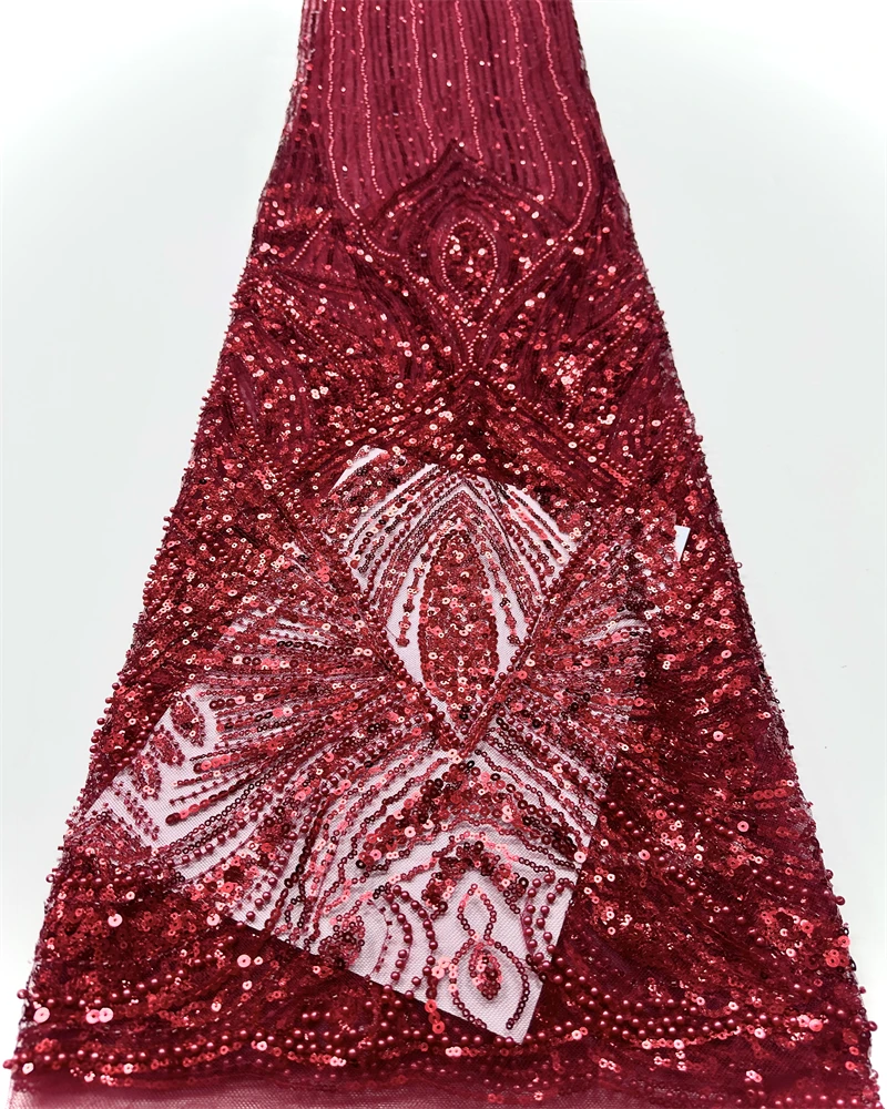 

African Lace Fabric with Sequins Embroidery Beads Tulle Mesh for Nigeria Dress African Fashion Fabric