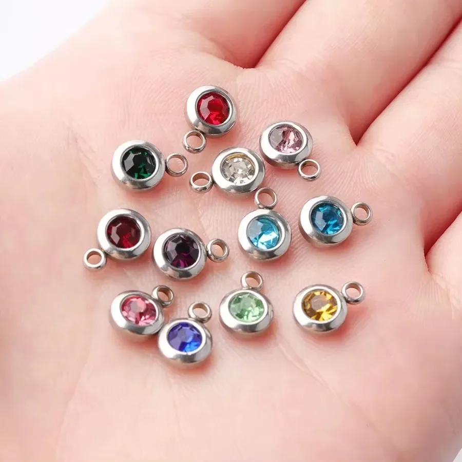 60Pcs Stainless Steel Birthstone Charms 6.5mm Rhinestones Month Birthstone Charms For DIY Jewelry Making Necklace