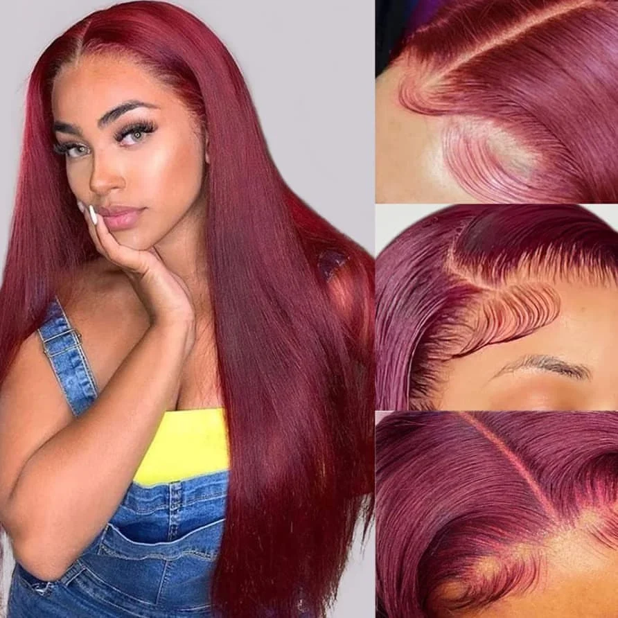 

13x4 Burgundy Lace Front Human Hair Wig 99j Red Colored Straight 13x6 Tranparent Lace Frontal Wig 4x4 Closure Wigs PrePucked