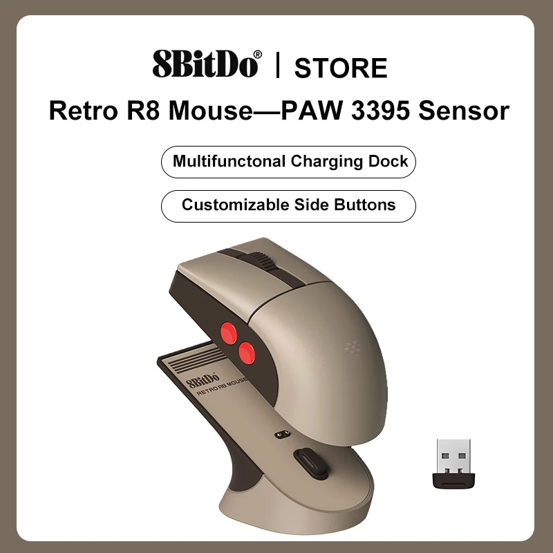 

8BitDo Retro R8 Mouse with Charging Dock PAW 3395 Optical Sensor DPI 26,000 Wireless Mouse with 4K Polling Rate Programmable