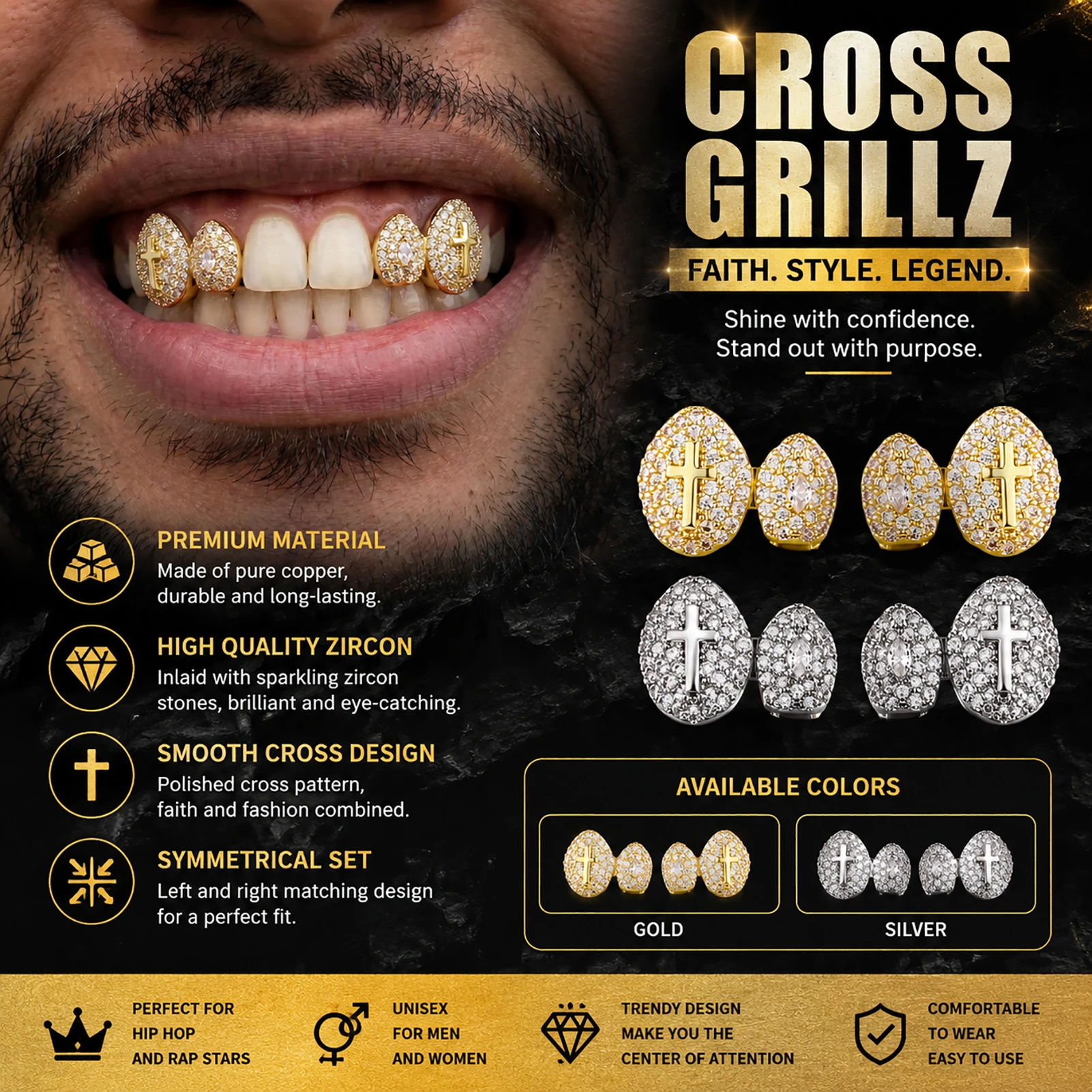 JINAO 2pc Hip Hop Double Teeth set iced Solid Holy Cross CZ Grillz