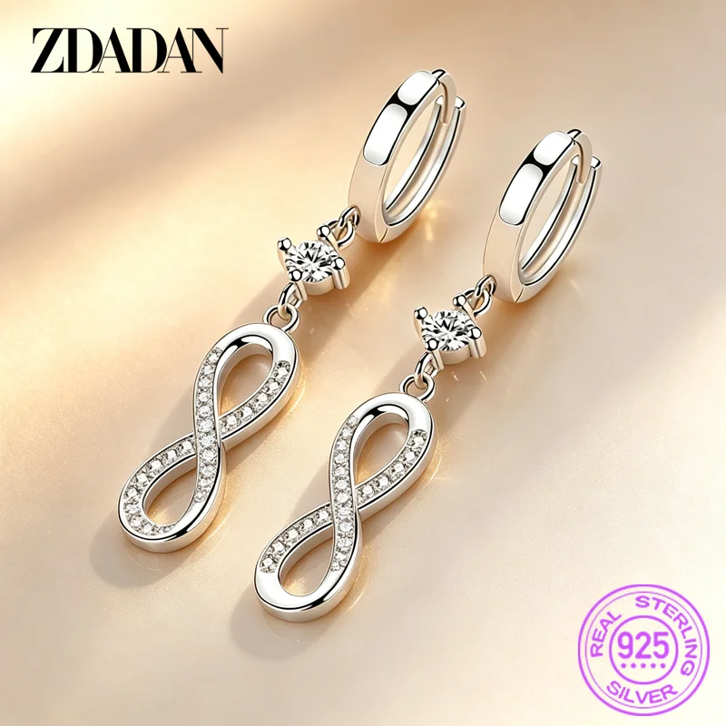 ZDADAN 925 Sterling Silver Curve Eight Long Dangle Earrings For Women Fashion Party Jewelry Gift