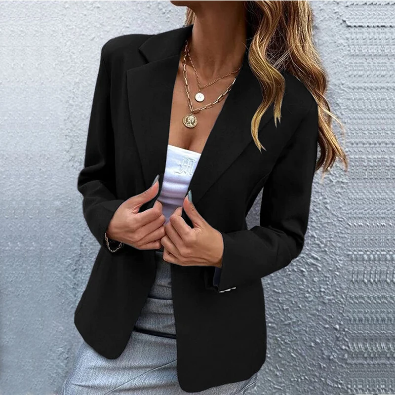 Women Blazer Office Lady Elegant Slim Notched Women Jackets Button Long Sleeve Solid Work Female Black Suit Coat