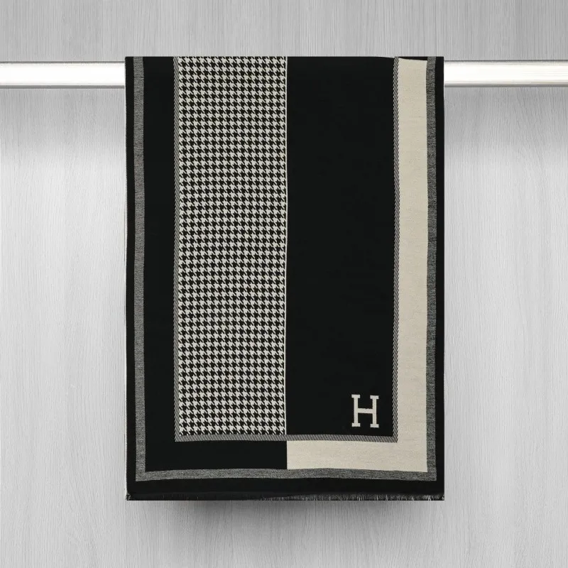 وشاح دافئ للخريف والشتاء حرف H، شال مكيف الهواء من الكشمير الصناعي بنمط ألف طائر، وشاح للسيدات #4