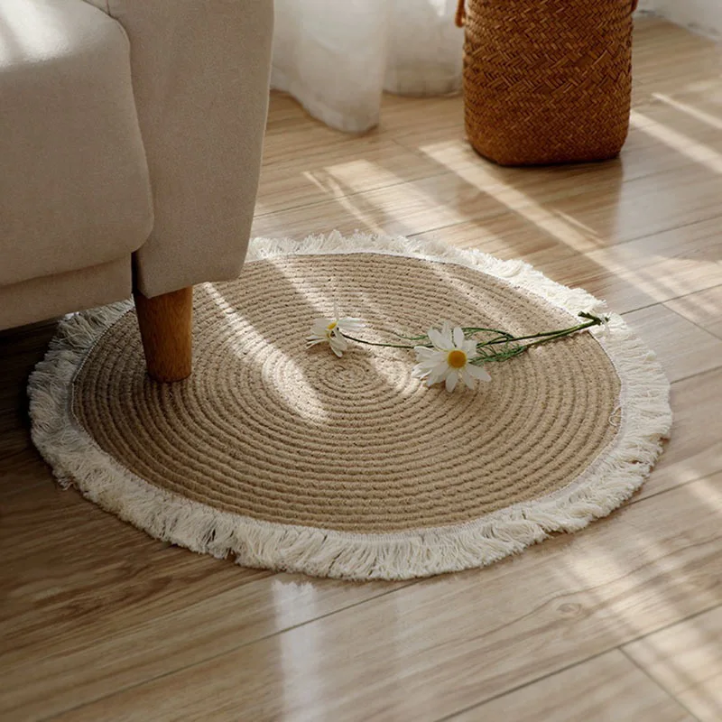 Vintage Round Woven Rugs Handmade Rattan Carpet With Tassel For Bedroom Living Room Home Decor Floor Mats Chic Room Door Mat