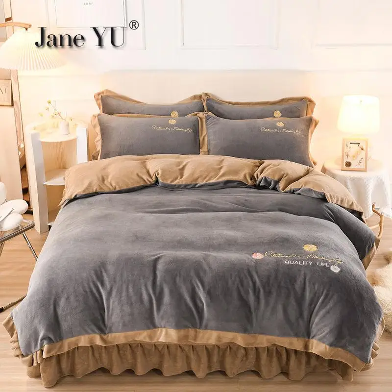 Milk Velvet Bed Skirt Bed Cover 4pcs Bedding Sets Of Solid Color Princess Wind Embroidery Baby Velvet Coral Fleece Bedding Set