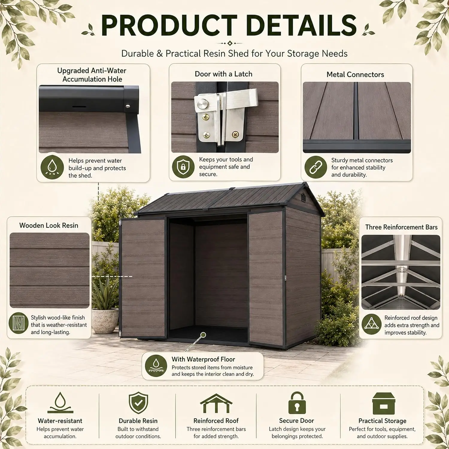 8x6 FT Outdoor Resin Storage Shed with Floor & Two Windows, Brown, Customized