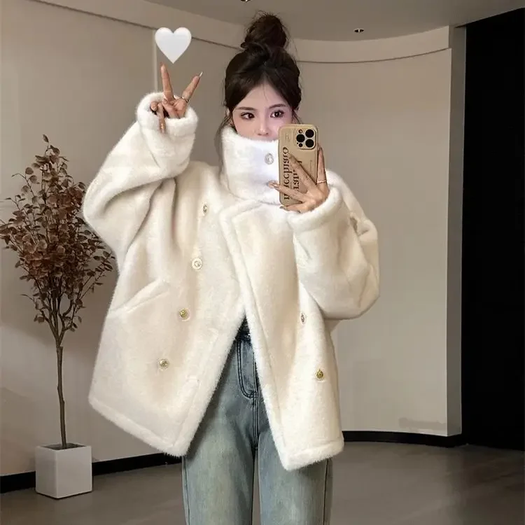 Chaqueta de piel sintética gruesa y cálida para mujer, abrigo elegante de manga larga con cuello levantado y doble botonadura, otoño e invierno, novedad de 2024