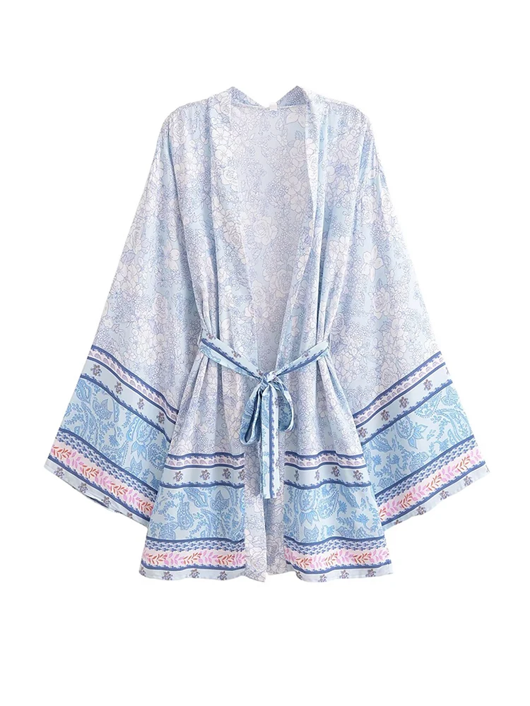 

Korejepo 2025 European American Style New Women Clothing Bohemian Vacation Style Printed Belt Short Kimono