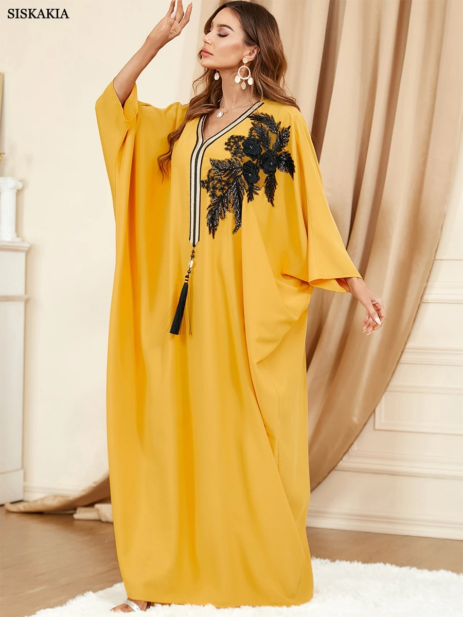 Siskakia Tape Trim V Neck Batwing Sleeve Abaya Dress for Women Corban Eid Al Adha Oversized Arab Dubai Turkey Dressing Gowns New