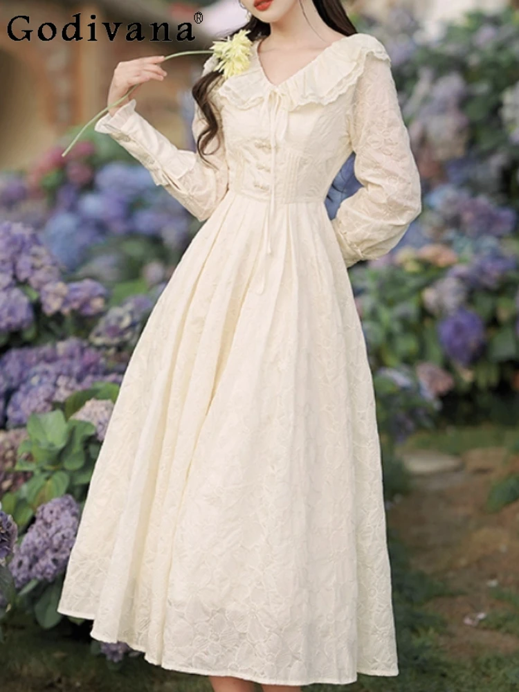 

Temperament French Sweet Peter Pan Collar Princess Fairy Dress Fashion High Waist Versatile Age Reduction Long Sleeve Dresses