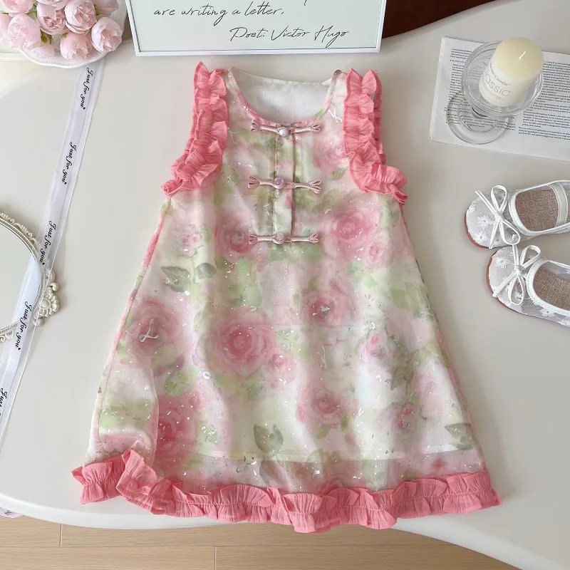 Girls Clothing Set Summer Sleeveless Lace Shirt+Shorts Fashion Retro Flower Kids Dresses Birthday Party Children Dress 2-7Yrs