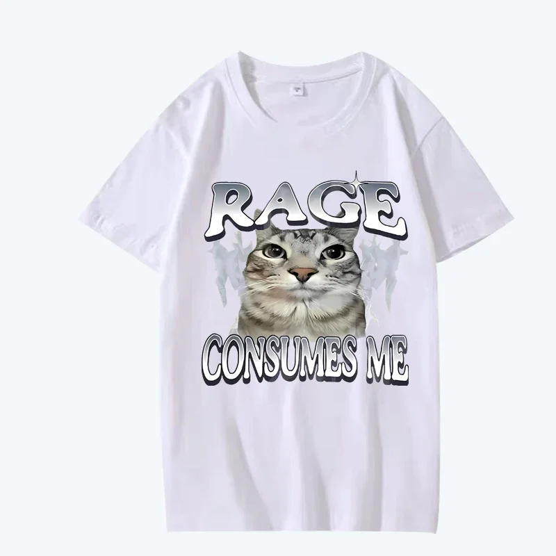 Rage Consumes Me Cat Print T-Shirt Women's Loose-Fit Comfortable Cotton Short Sleeve Street Style Print Popular Top