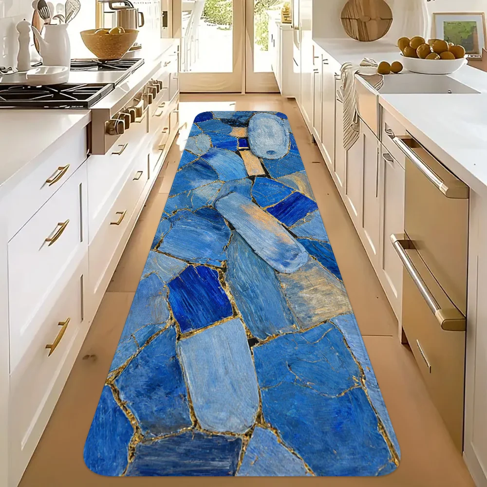 Blue Marble Gold Crack Mosaic Stone Print Runner Rug, Non-Slip Washable Mat for Kitchen Entryway Hallway Modern Minimalist Home