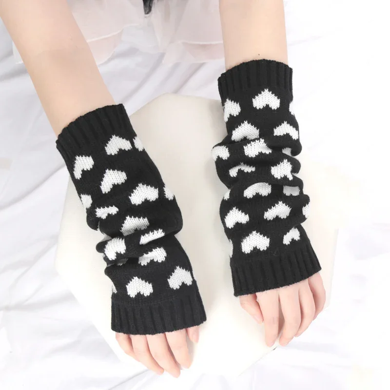 

Gothic Lolita Anime Soft Knitted Gloves JK Girls Mittens Autumn Winter Oversleeve Women Heart Block Cuff Fingerless Arm Warmers