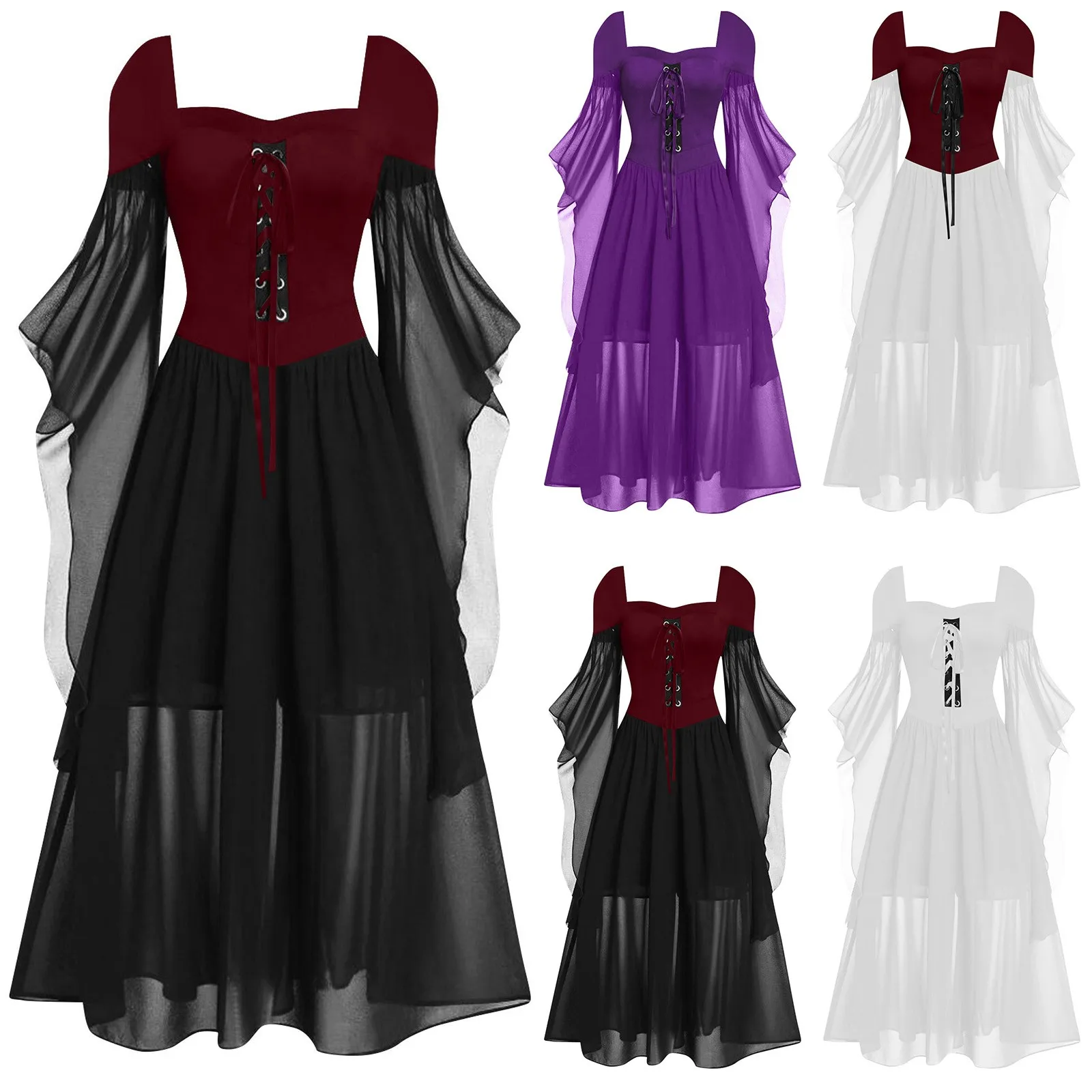 Bandage Mesh Sheer A-line fantasia para meninas, fantasia de bruxa, encantadores retalhos, mangas de taco, grande balanço, vestido Halter, festa de Halloween, peça