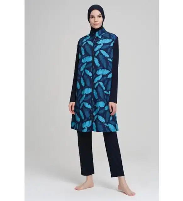 Nehar 2224 turquoise leaf pattern razor navy blue full hijab swimsuit