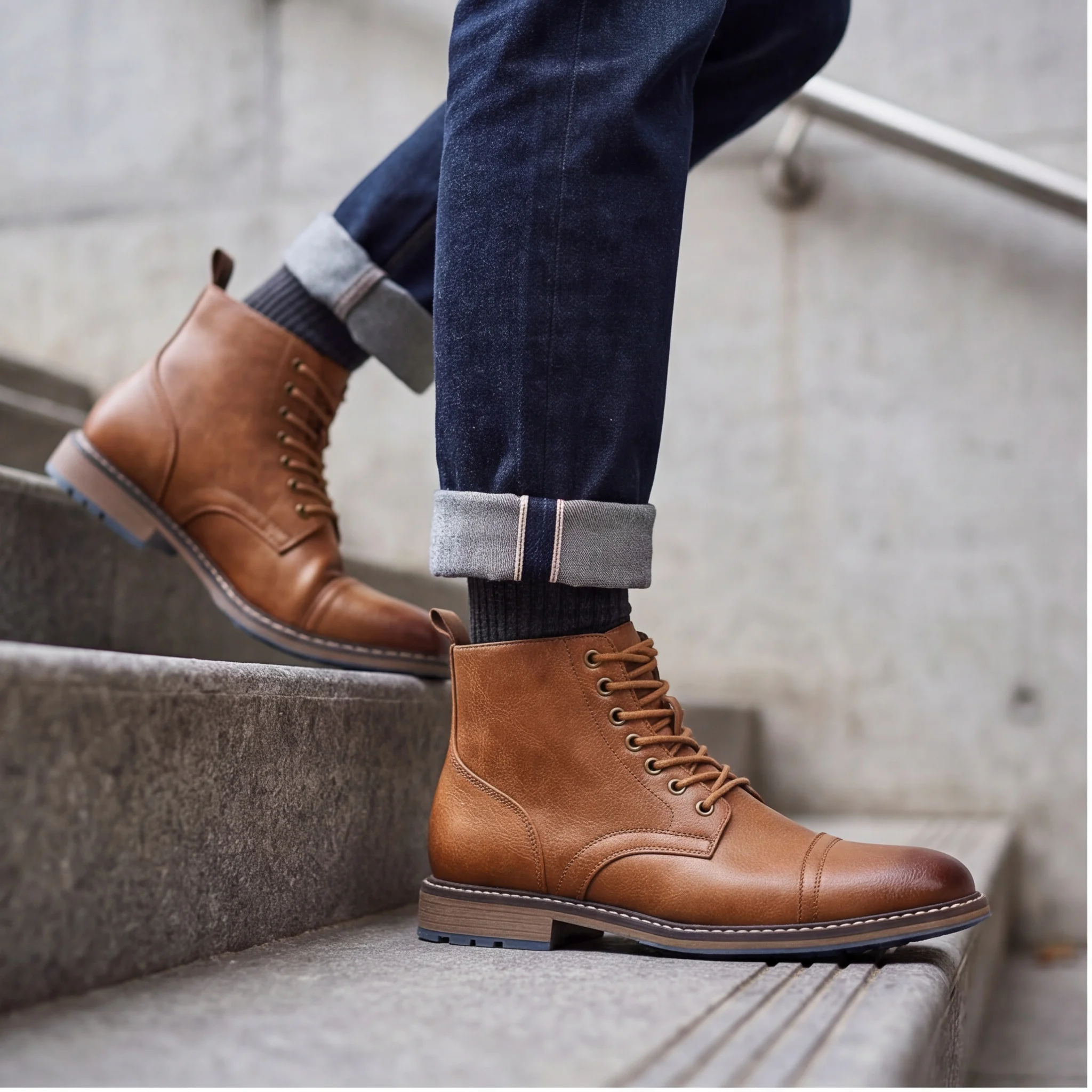Men's Boots Rubber Sole Boots For Man Casual Wear Men Boots Mesh Lining High Top Lace Up Boot Lace Up Round Cap Toe