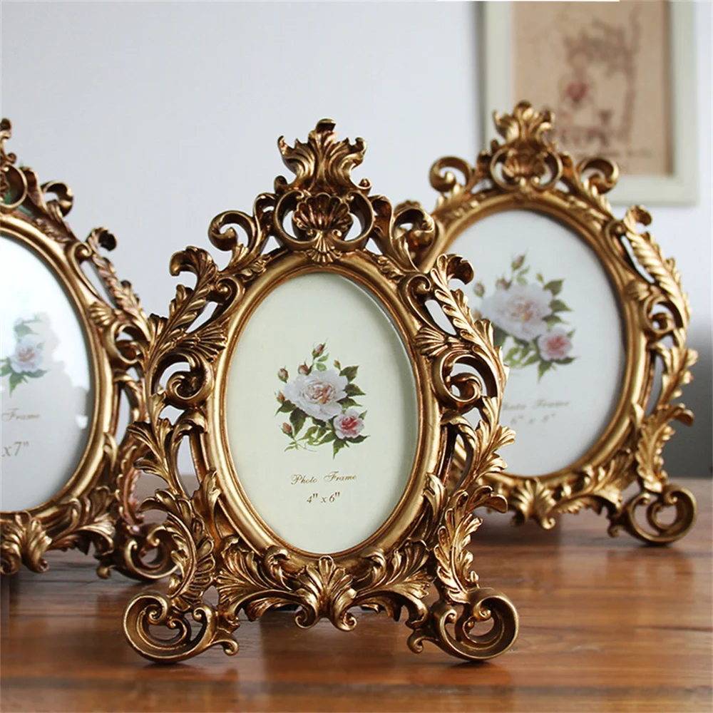 

European Style Golden Photo Frame Antique Vintage Oval Resin Home Decoration Creative Classic Picture Frame Photo Decor Ornament