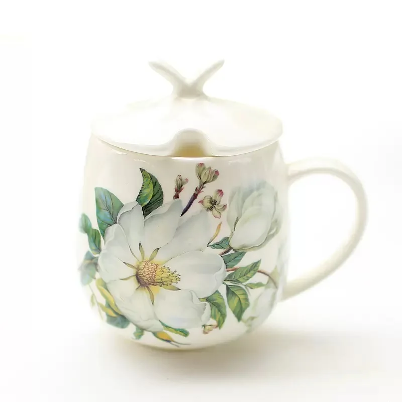 410ML, camellia painting, bone china personalized mugs, european cups mugs ceramic, pocelain coffee cup with lip and spoon, tea