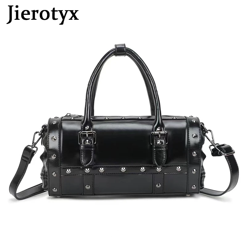 JIEROTYX Black Studded Double Skull Satchel Handbag Womens Shoulder Bags Personality Rivet Single Strap Travel Bag Gothic Style