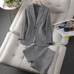 Women's Blazer Two-piece Set Spring Autumn New Fashion Glitter Vintage Suit Jacket Elegant Casual Shorts +Shiny Check Outwear Se